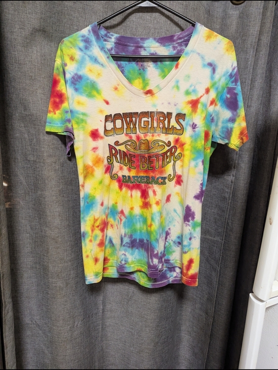 Tops - Cowgirls Ride Better Tie-Dye V-Neck Tee - Multicolor Vintage 70s Glitter